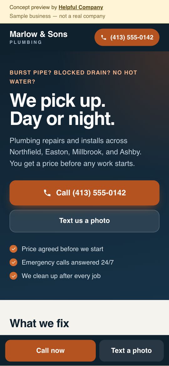 The proposed website for Marlow & Sons Plumbing, shown on a phone